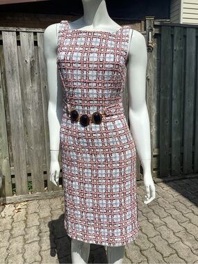 Milly of New York Orange, White, Navy, Grey Midi with Decorative Belt